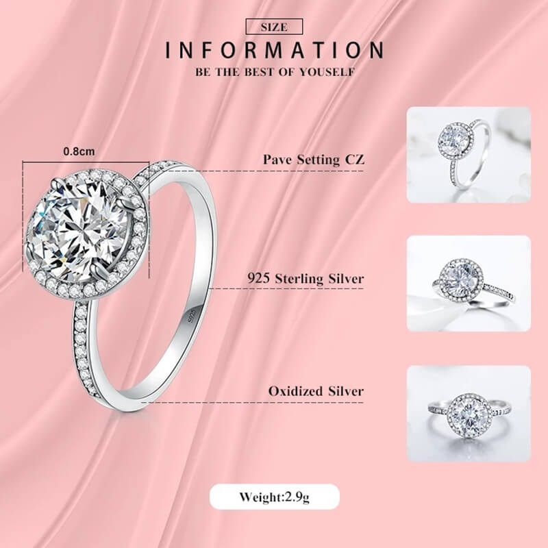 טבעת יוקרה-Silver Round Clear CZ Fashion Finger Ring Classic Jewelry For Women – תמונה 3